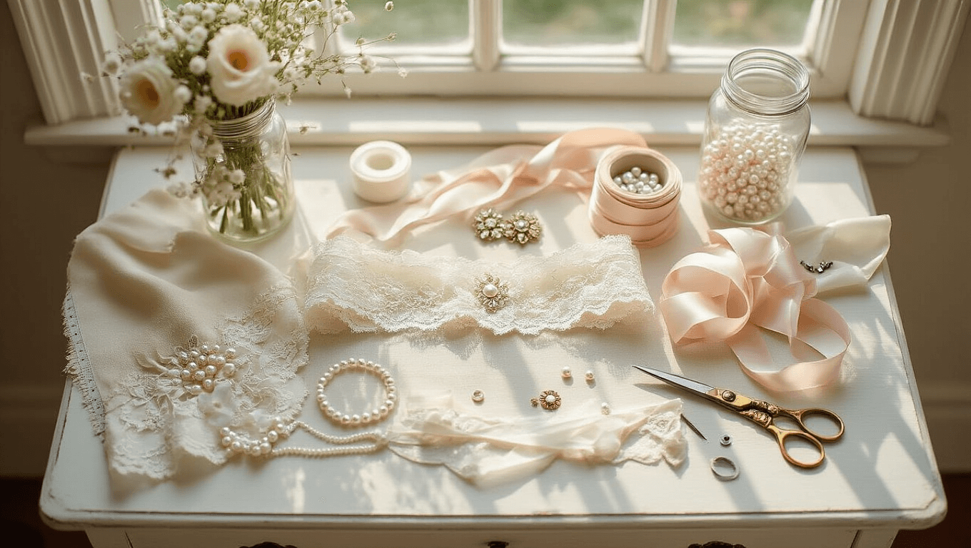 Cinematic overhead view of a vintage craft desk illuminated by sunlight, displaying arranged DIY wedding garter materials including ivory lace, elastic bands, pearl ribbons, antique scissors, mason jars filled with buttons, and sewing supplies, all in a warm color palette.