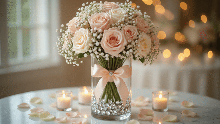 Cinematic overhead shot of an elegant Dollar Tree wedding centerpiece with a tall glass vase filled with crystal gems, blush pink and ivory faux flowers, and warm LED tea lights on a white marble surface, evoking romance and budget-friendly elegance.