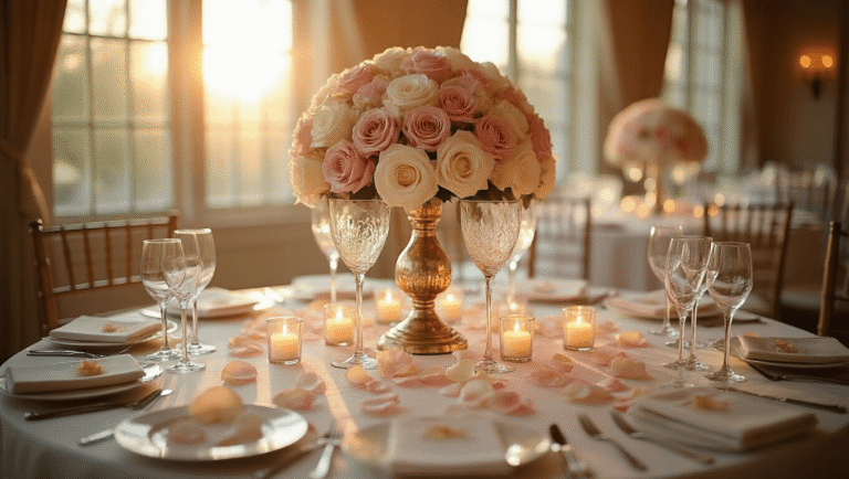 Elegant wedding reception table with a DIY Dollar Tree centerpiece featuring inverted glass goblets filled with artificial roses, pearl strands, and ambient lighting, creating a romantic atmosphere.