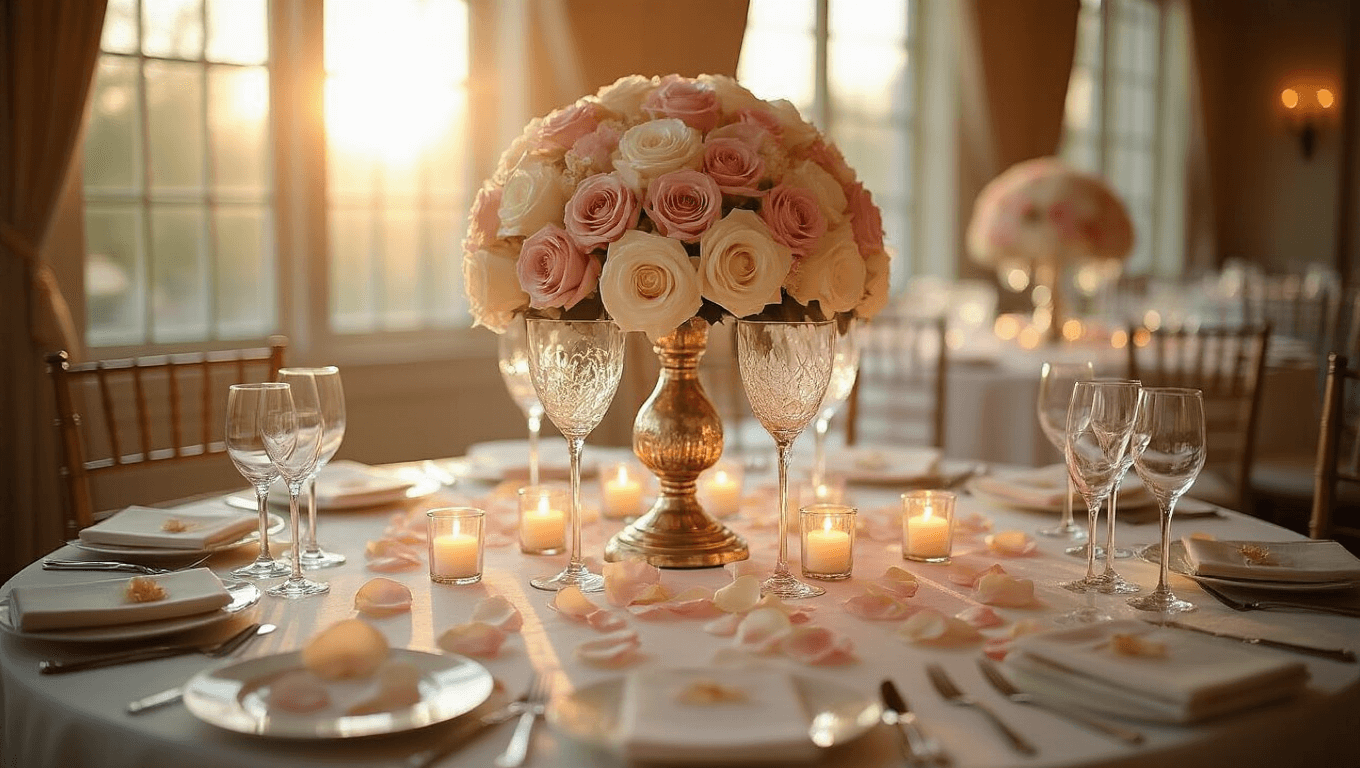 Elegant wedding reception table with a DIY Dollar Tree centerpiece featuring inverted glass goblets filled with artificial roses, pearl strands, and ambient lighting, creating a romantic atmosphere.
