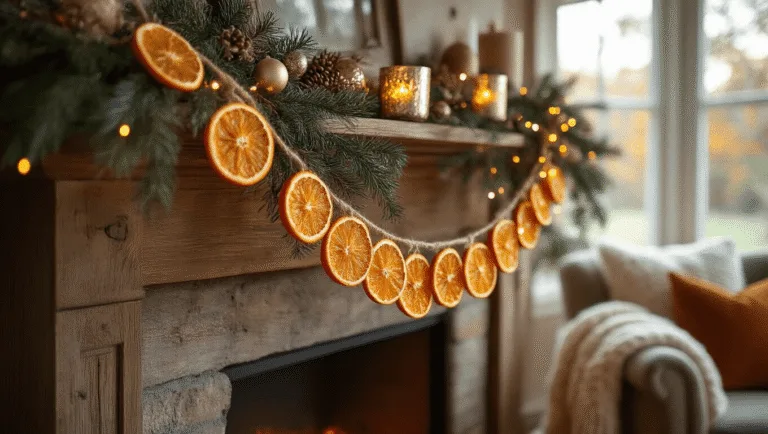 Cozy holiday living room with a rustic wooden fireplace mantle adorned with a handcrafted dried orange garland, featuring translucent orange slices, jute twine, and warm fairy lights, illuminated by soft golden hour light.