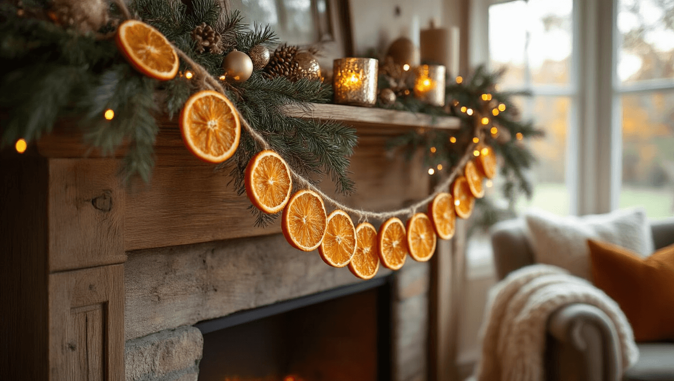 Cozy holiday living room with a rustic wooden fireplace mantle adorned with a handcrafted dried orange garland, featuring translucent orange slices, jute twine, and warm fairy lights, illuminated by soft golden hour light.