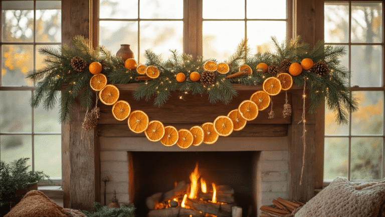 A rustic farmhouse living room featuring a handcrafted dried orange garland with pine sprigs and cinnamon sticks, draped over a reclaimed wooden mantel, illuminated by warm afternoon sunlight, with twinkling fairy lights and cozy decor elements.