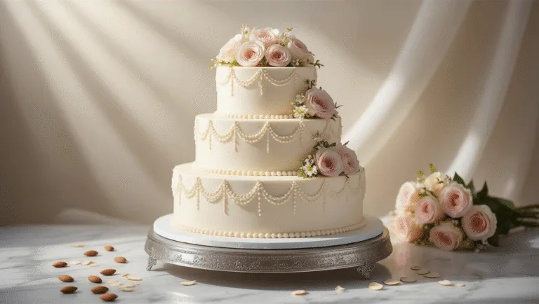 A photorealistic three-tiered wedding cake on a silver cake stand, featuring white buttercream with lace patterns, adorned with pale pink and ivory edible flowers, and garnished with toasted sliced almonds, set against a dreamy background and softly lit.