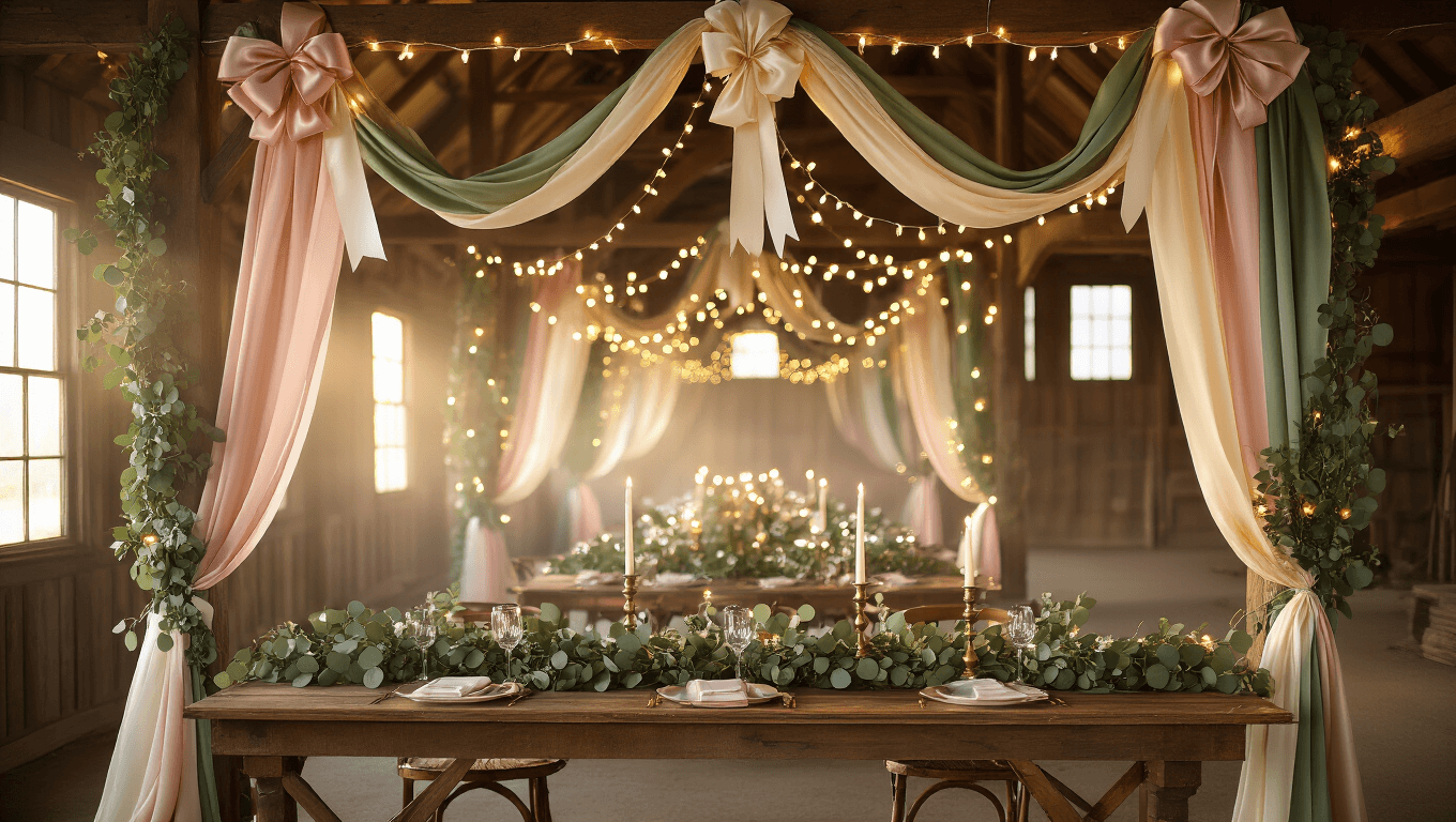 Photorealistic interior of a rustic barn at golden hour, featuring elegant bow garlands made of satin and velvet ribbons in cream, blush pink, and sage green, illuminated by fairy lights. A long farmhouse table with vintage brass candlesticks, eucalyptus garland, and curated place settings is beneath the garlands, with a soft bokeh background.