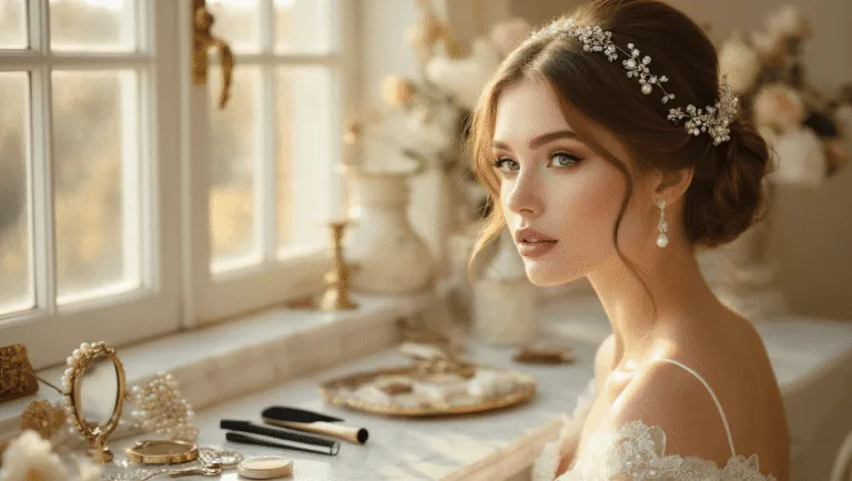 Bride with an elegant low bun hairstyle featuring pearl pins and crystal accessories, at a marble vanity bathed in warm morning light, surrounded by professional styling tools and vintage hair accessories.