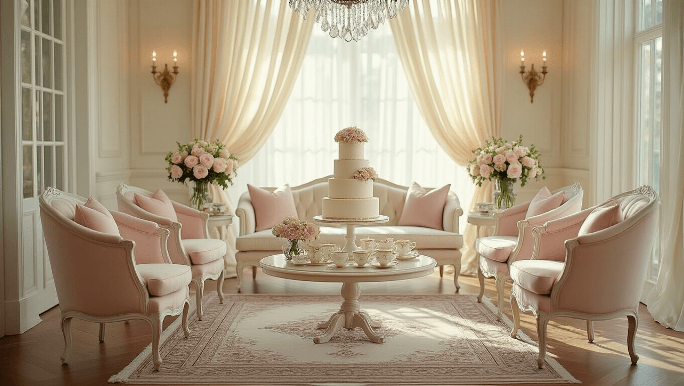 Sun-drenched living room elegantly arranged for a bridal shower, featuring a cream velvet settee, blush chairs, a silk-draped dessert table with a tiered wedding cake, vintage bone china, crystal vases with roses, and a crystal chandelier, all captured in soft afternoon light.