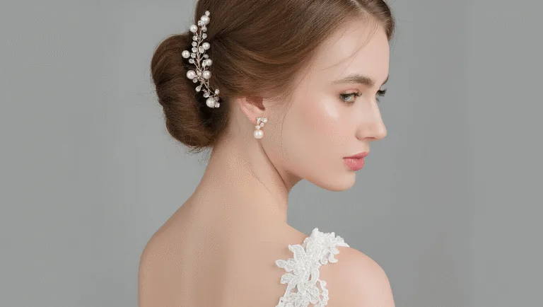 An elegant bridal updo adorned with pearl pins and crystal accessories, set against a clean background.