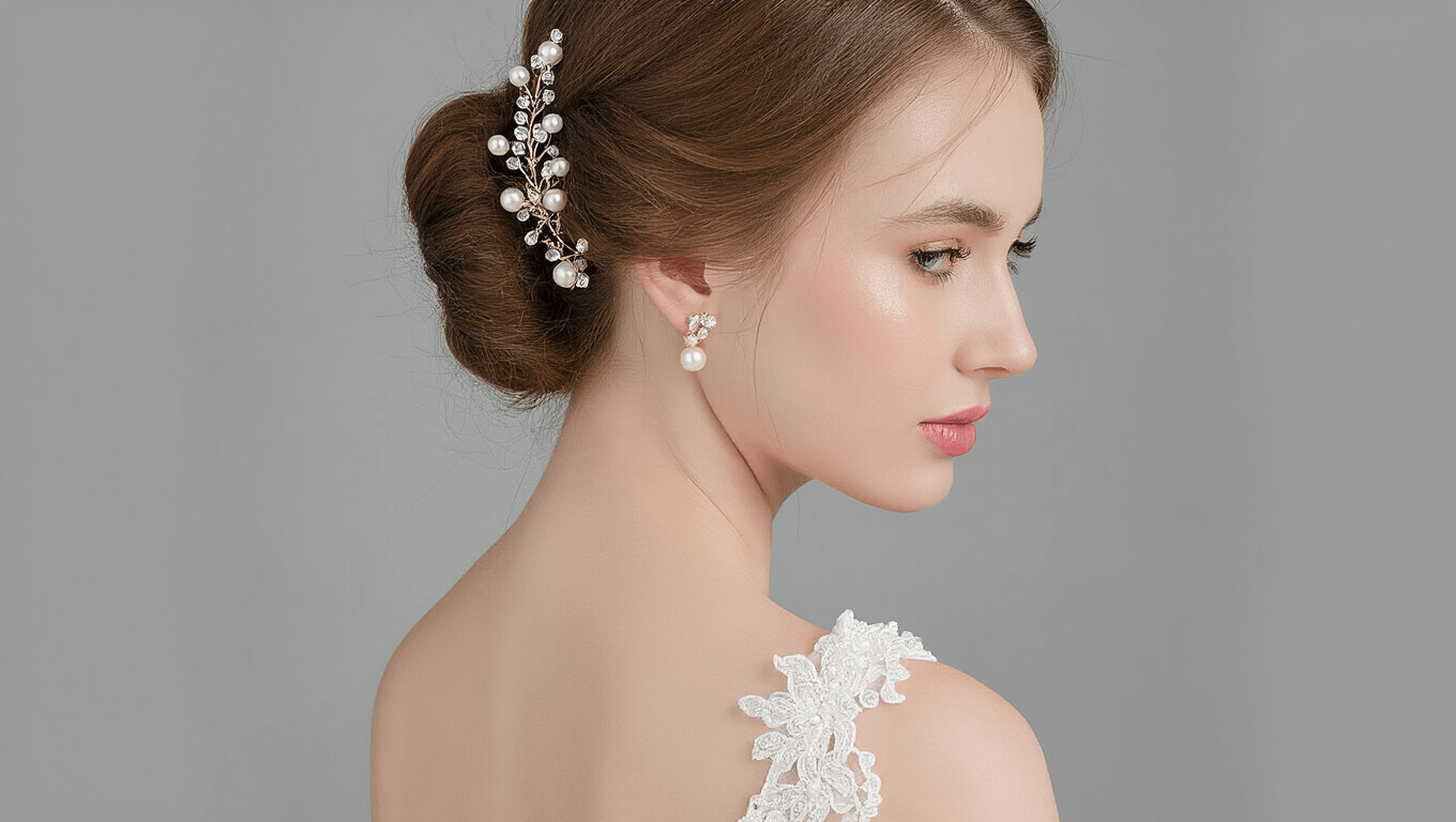 An elegant bridal updo adorned with pearl pins and crystal accessories, set against a clean background.