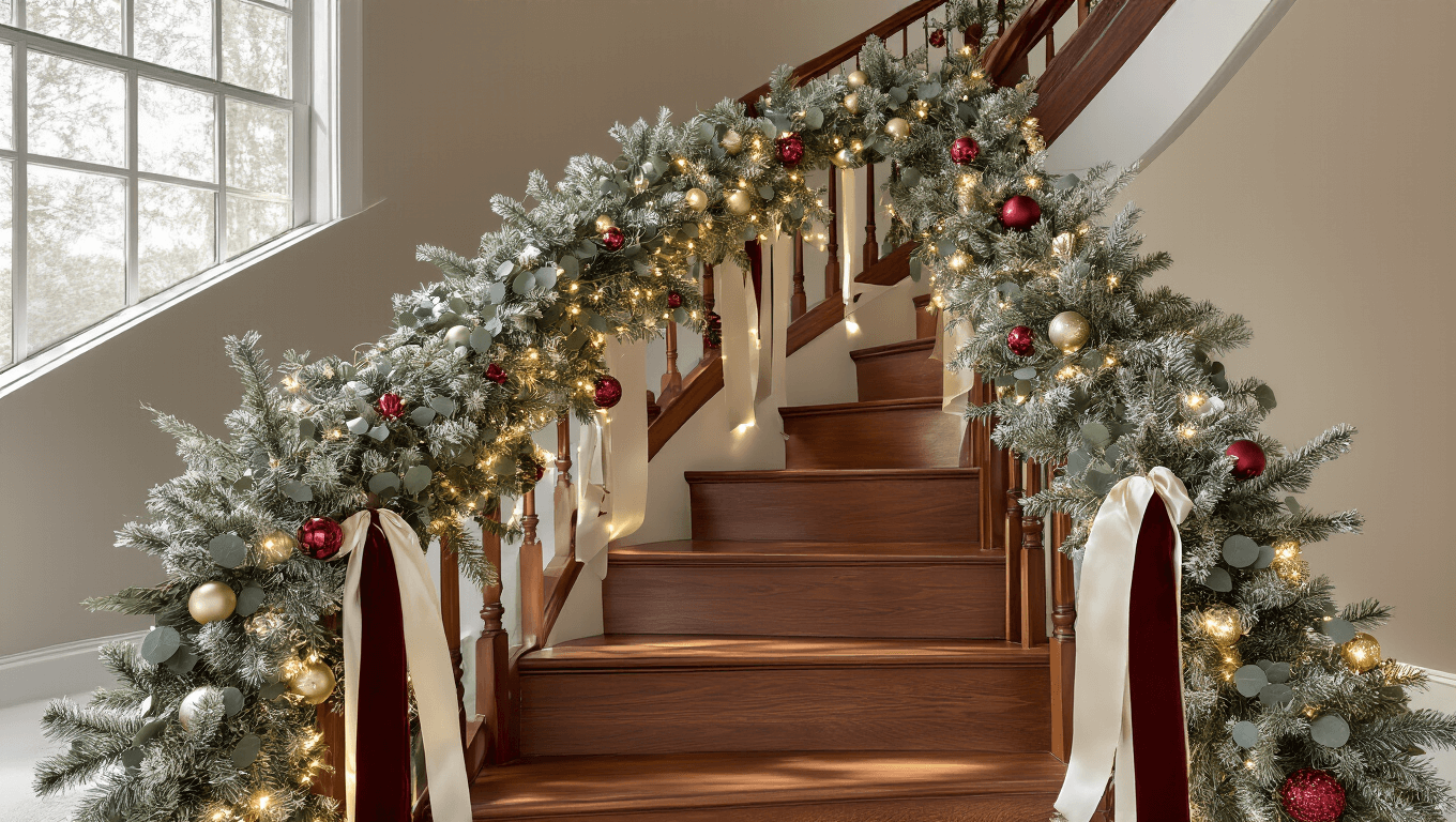 A luxurious Christmas garland adorns a grand curved wooden staircase, featuring faux pine branches, silver-frosted eucalyptus, and warm white fairy lights, with velvet ribbons and metallic ornaments. The scene is captured in soft afternoon light, emphasizing the rich mahogany banister and emerald green carpet runner.