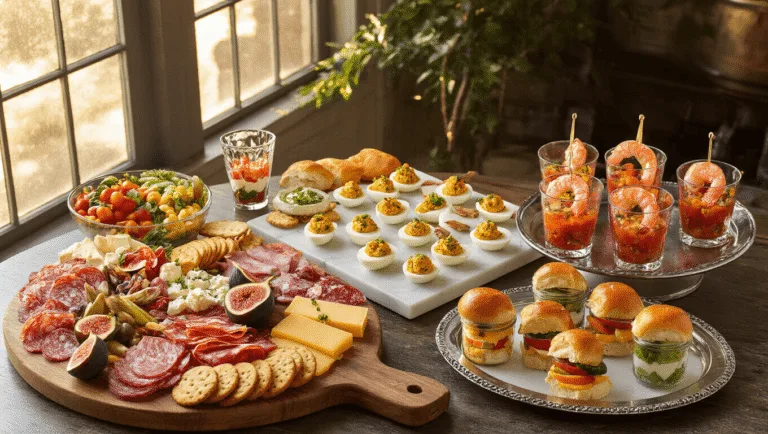 Cinematic overhead view of a luxurious cocktail hour spread featuring a rustic charcuterie board with cured meats, artisanal cheeses, and fresh figs, alongside deviled eggs garnished with bacon, shrimp cocktail in crystal glasses, mini sliders, layered dips in mason jars, and vibrant crudités, all illuminated by warm golden hour light.