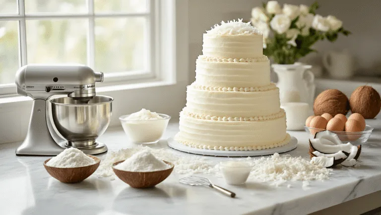 A professional setup showcasing a luxurious coconut wedding cake preparation, featuring a partially assembled three-tiered cake with silky cream cheese frosting and fresh coconut shavings on a pristine marble countertop, amidst organized ingredients in glass bowls, with soft natural light enhancing the elegant scene.
