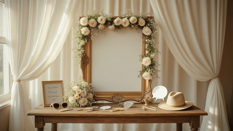 Elegant DIY wedding photo booth corner with sheer white curtains, vintage gold frame decorated with ivory roses, warm ring light, rustic wooden table with whimsical props, all bathed in soft golden hour lighting.