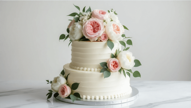 A stunning three-tiered white wedding cake adorned with blush pink garden roses, white peonies, and silvery eucalyptus, captured in a bright studio setting on a silver metallic stand, featuring smooth buttercream frosting and elegant floral arrangement.