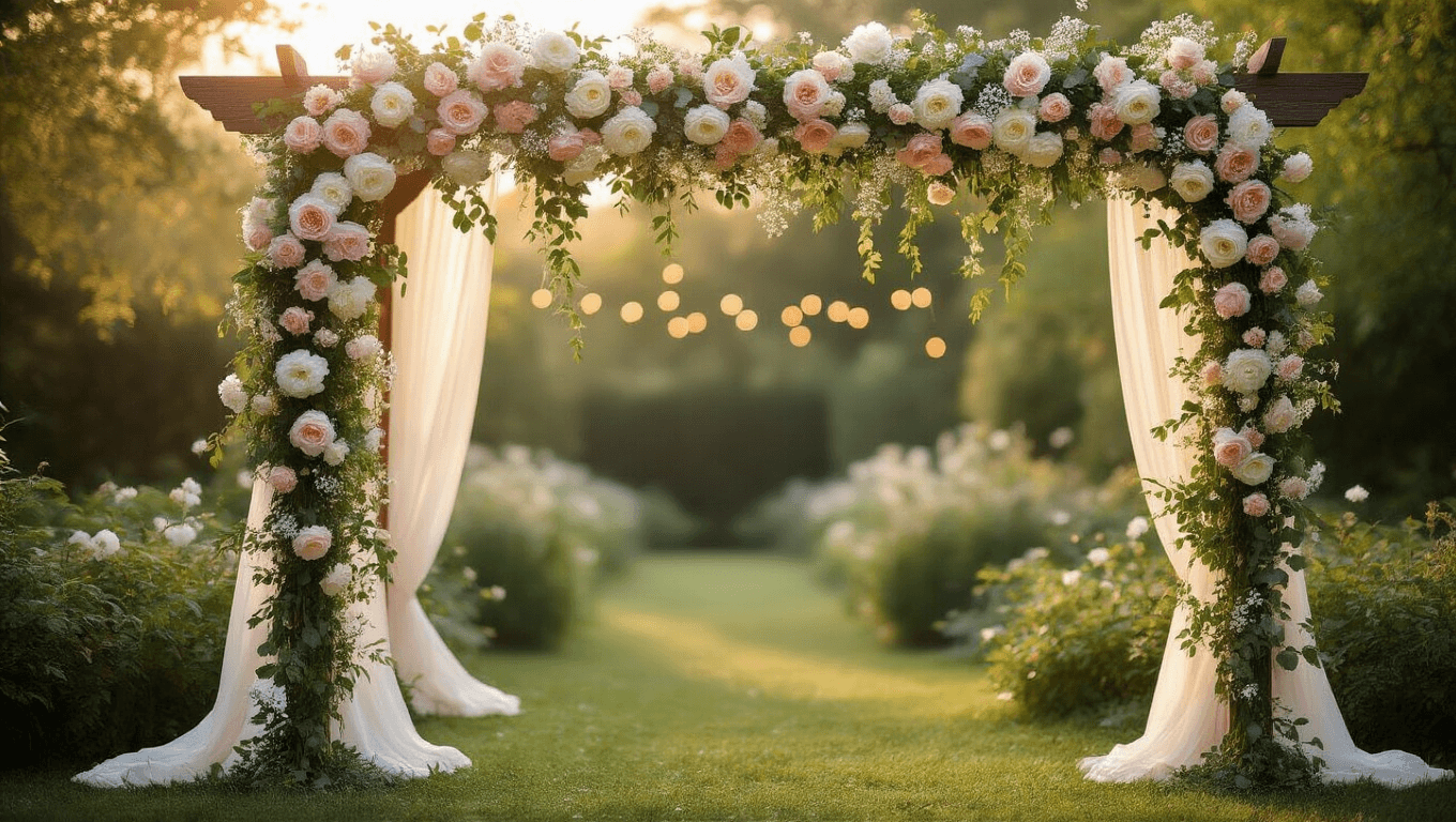 A romantic garden wedding ceremony arch adorned with cascading flower garlands of white roses, blush peonies, and baby's breath, set during golden hour with soft natural lighting, vintage wooden arch, ivory chiffon fabric, twinkling string lights, and white garden chairs with mini flower garlands.