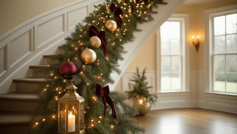 A photorealistic image of a grand curved staircase decorated with lush pine garland, warm white lights, and mercury glass ornaments, captured at golden hour with soft natural light and rich, warm colors.