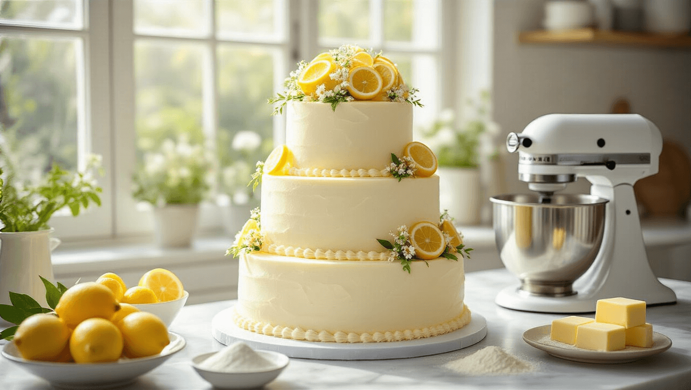 Photorealistic three-tiered lemon drizzle wedding cake in a bright kitchen, adorned with edible flowers and lemon slices, with baking ingredients artfully arranged on a marble countertop, illuminated by natural sunlight.
