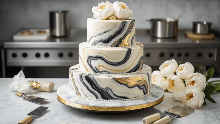 A luxurious three-tiered marble wedding cake being assembled in a high-end pastry kitchen, featuring swirling black, white, and gold fondant, surrounded by professional baking tools and adorned with fresh white peonies and gold leaf accents.