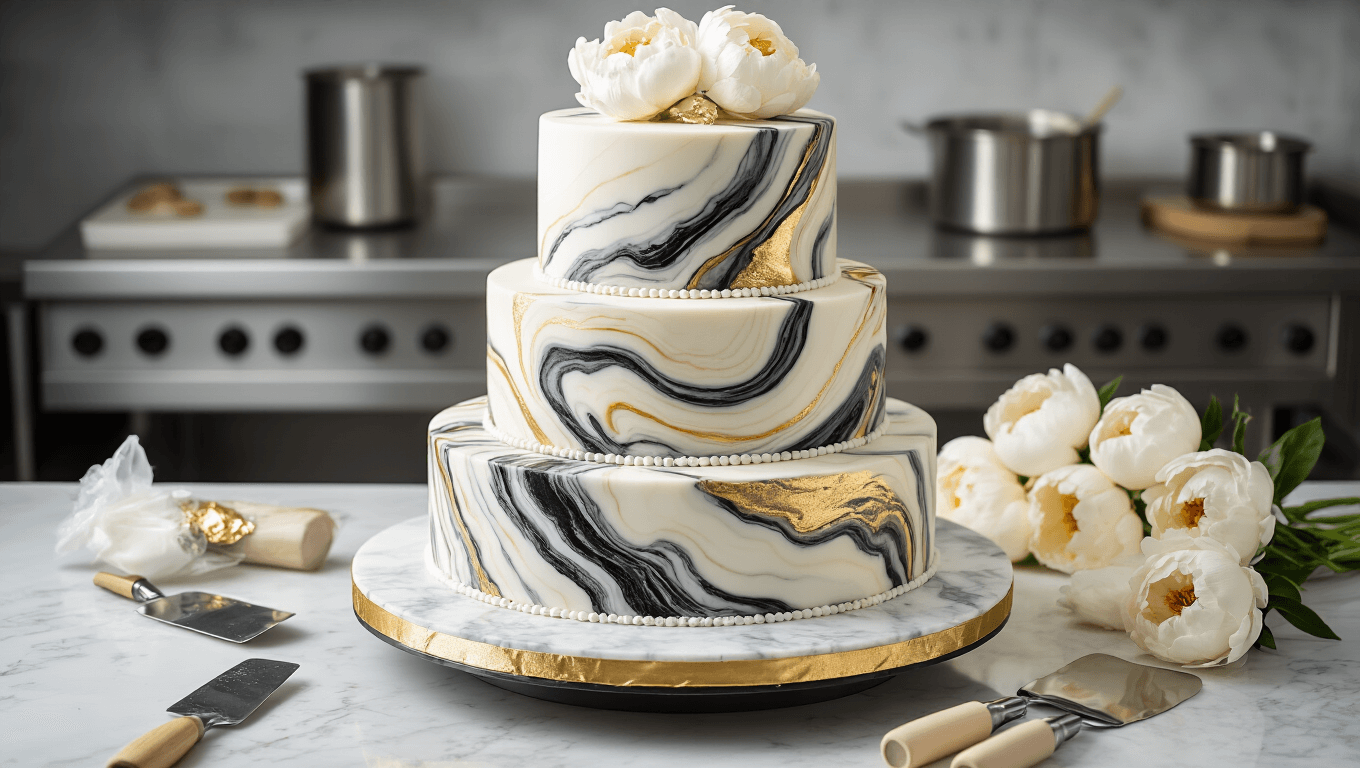 A luxurious three-tiered marble wedding cake being assembled in a high-end pastry kitchen, featuring swirling black, white, and gold fondant, surrounded by professional baking tools and adorned with fresh white peonies and gold leaf accents.