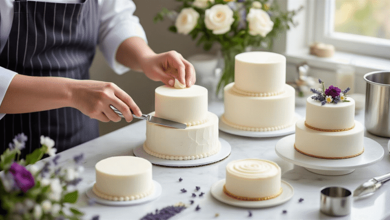 A professional photograph of an elegant mini wedding cake assembly on a marble countertop, featuring a baker's hands positioning cake layers, surrounded by pristine mini-cakes, fresh edible flowers, and baking tools, all bathed in soft natural light.