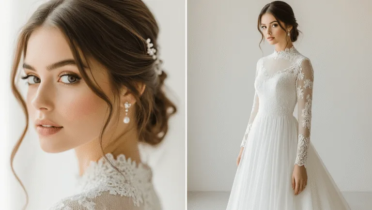 A bride wearing an elegant modest wedding dress with a high neckline, long lace sleeves, and pearl detailing, set against a clean white background with soft natural lighting, showcasing delicate fabric textures.
