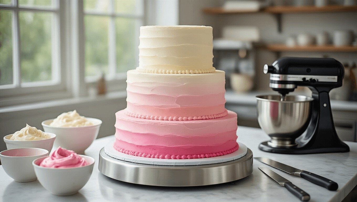 A photorealistic image of a three-tiered wedding cake in preparation in a professional kitchen, showcasing a pink-to-white ombre buttercream gradient being applied with an offset spatula, surrounded by bowls of frosting, a stand mixer, and clean marble countertops, all under soft natural light.