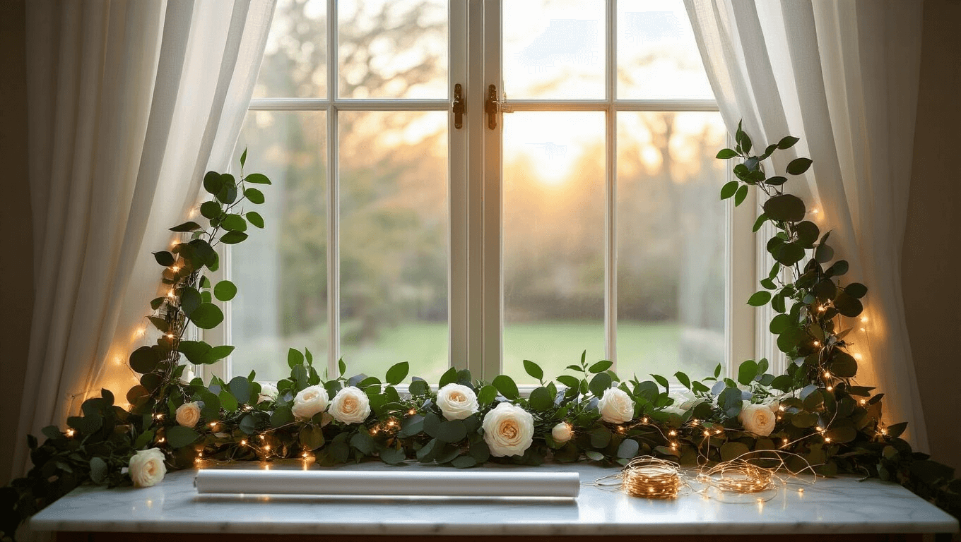 A beautifully decorated bay window featuring a tension rod with a eucalyptus and white rose garland, illuminated by warm LED fairy lights, with soft sunlight filtering through sheer curtains. In the foreground, decorating tools are neatly arranged on a marble side table, creating a dreamy, elegant atmosphere.