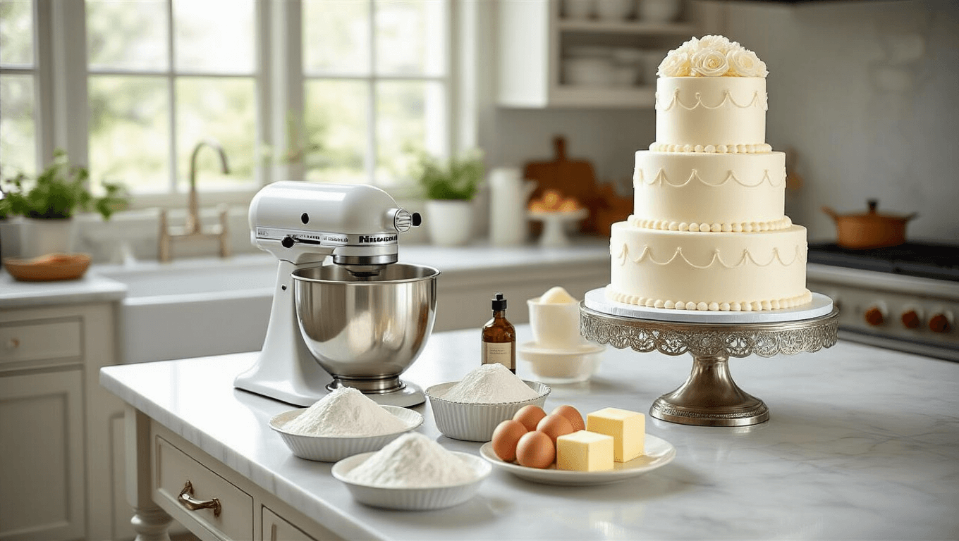 A bright, airy kitchen with a marble countertop features a KitchenAid mixer and neatly arranged baking ingredients, with a three-tiered wedding cake decorated in white buttercream and fresh flowers displayed in the background.