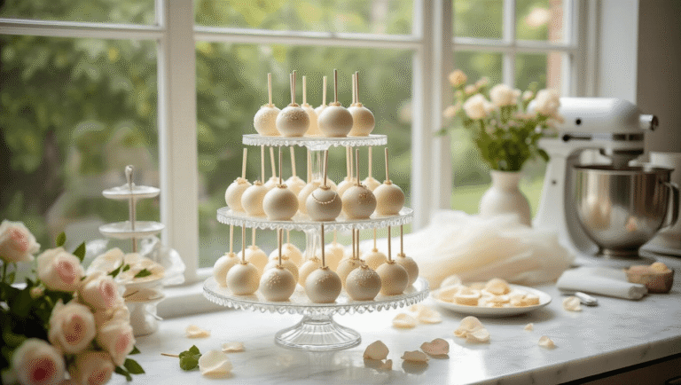 A beautifully arranged display of elegant wedding cake pops on a crystal stand in a professional culinary studio, featuring pearl accents and gold dust, with scattered rose petals and high-end baking tools in soft, natural light.