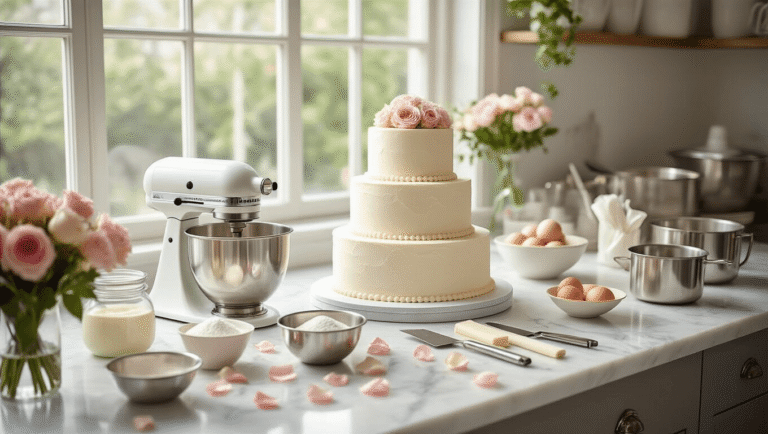 Photorealistic kitchen scene featuring a two-tier wedding cake preparation with a marble countertop, stand mixer, clear glass bowls of ingredients, silver cake pans, and fresh rose petals in blush pink and cream, illuminated by soft natural light.