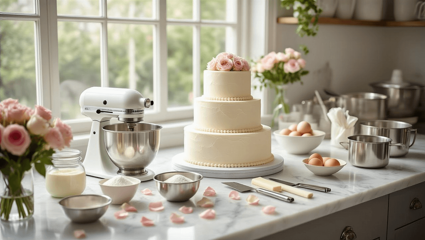 Photorealistic kitchen scene featuring a two-tier wedding cake preparation with a marble countertop, stand mixer, clear glass bowls of ingredients, silver cake pans, and fresh rose petals in blush pink and cream, illuminated by soft natural light.