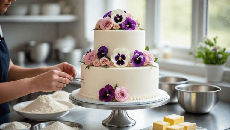 A bright and elegant kitchen studio featuring a three-tiered white wedding cake on a silver pedestal, being decorated with crystal-dusted pansies and pastel roses, with a focus on the delicate hands arranging edible flowers amidst a clean mise en place of baking ingredients and equipment.