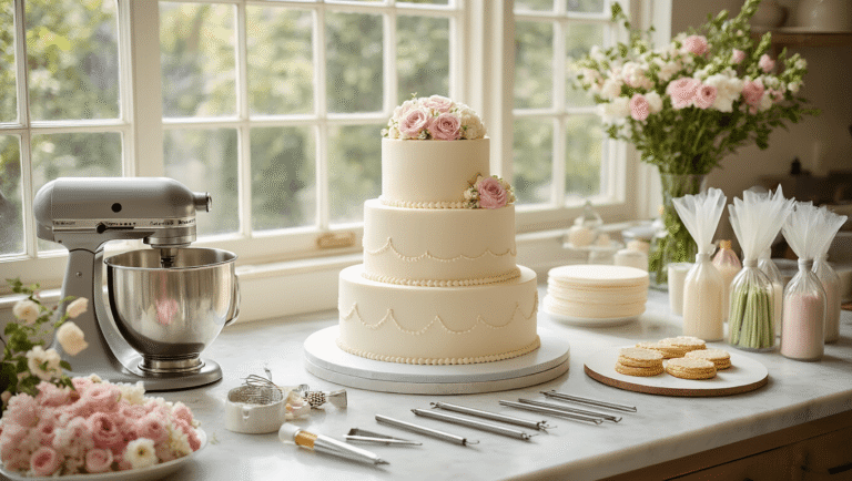 Cinematic overhead shot of an elegant bakery workspace featuring a three-tier wedding cake in progress, surrounded by baking tools and decorations in soft pastel colors, with natural light creating a warm atmosphere.