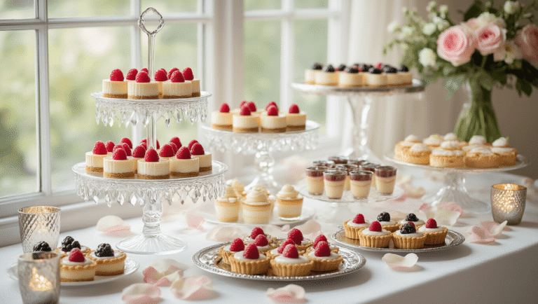 Photorealistic wedding dessert display featuring miniature sweets on crystal tiered stands and silver platters, with cheesecake bites, key lime pie shooters, chocolate cake pops, and fruit tarts, accented by blush rose petals and mercury glass tea lights, captured in soft natural light.
