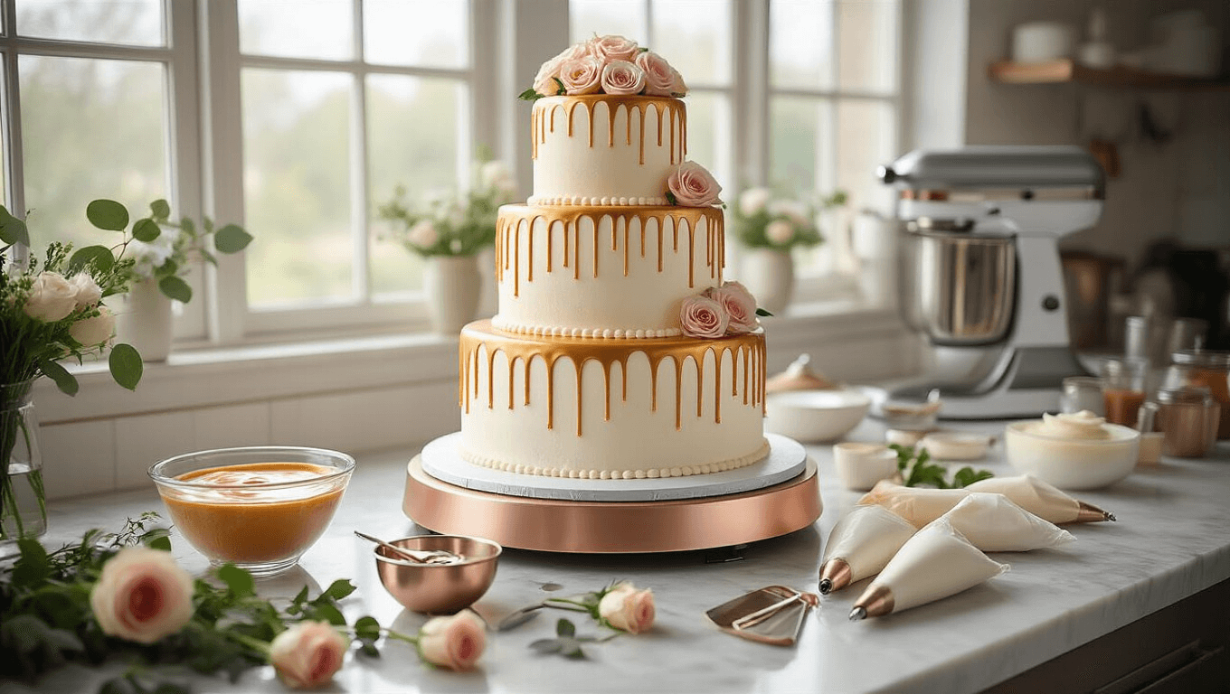 A professional kitchen scene showcasing a three-tiered wedding cake with golden caramel drips on a marble countertop, featuring a rose gold turntable, glass bowls of ganache, fresh flowers, and baking tools, captured in soft natural light with a shallow depth of field for a photorealistic effect.