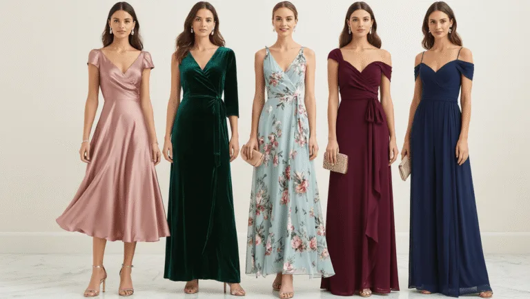 A collection of elegant wedding guest dresses in various styles and colors arranged on a white marble surface, complemented by matching accessories, in soft natural lighting.