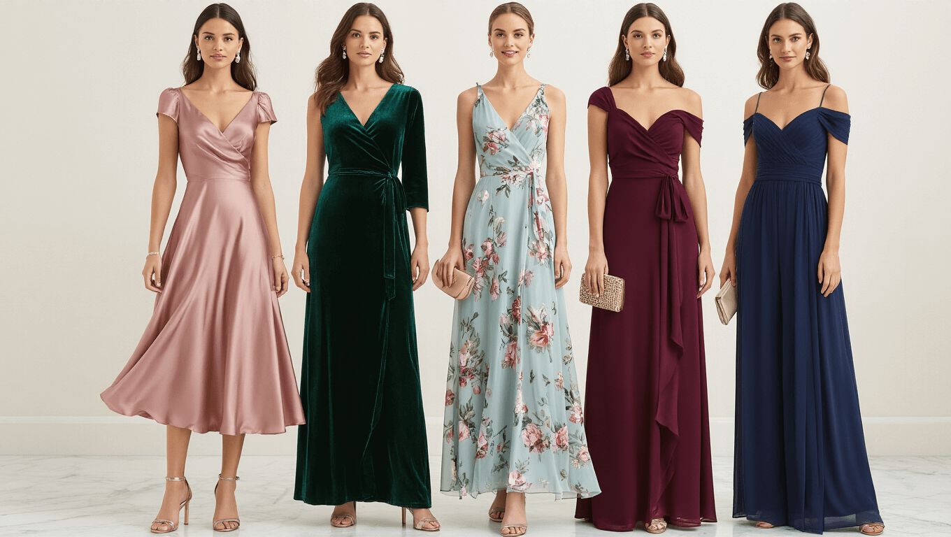 A collection of elegant wedding guest dresses in various styles and colors arranged on a white marble surface, complemented by matching accessories, in soft natural lighting.