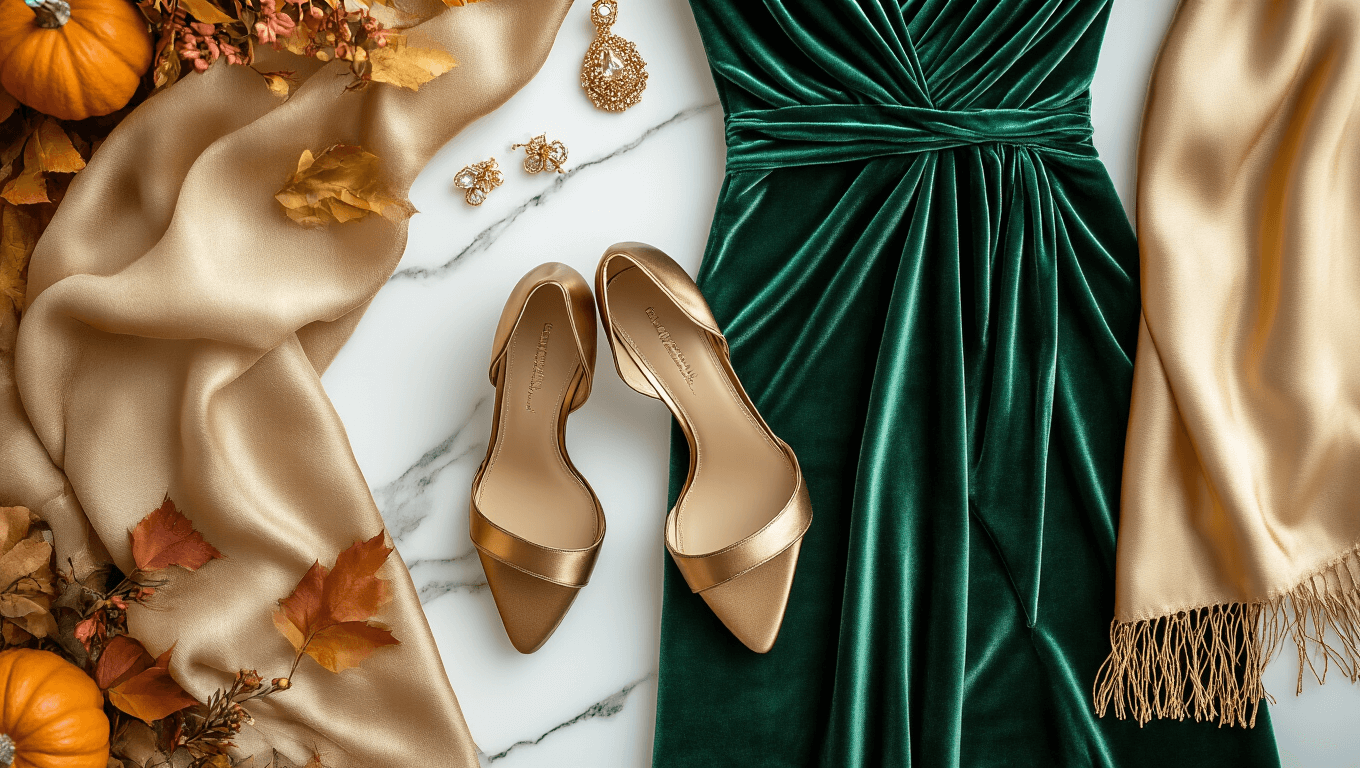 Elegant emerald velvet wrap dress with bronze heels and gold jewelry on a white marble surface, styled with a champagne silk shawl and autumn-inspired elements in warm lighting.