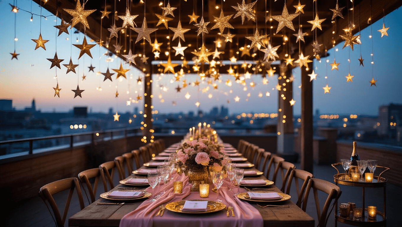 A magical rooftop celebration with metallic star garlands, warm Edison bulbs, rustic wooden tables, and elegant place settings, set against a deep blue twilight sky and illuminated city lights.
