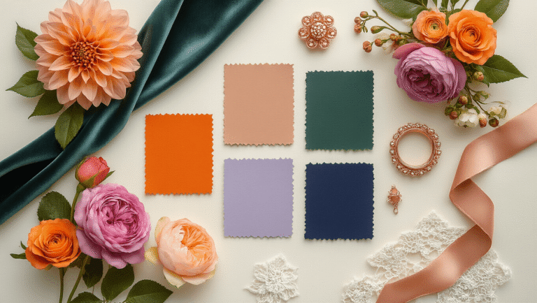 Flat lay of fall wedding color palette featuring hunter green, tangerine, lavender, navy, and jewel tones, arranged with silk fabrics, autumn florals, velvet ribbons, rose gold accessories, and lace details on an ivory background, illuminated by soft natural light.