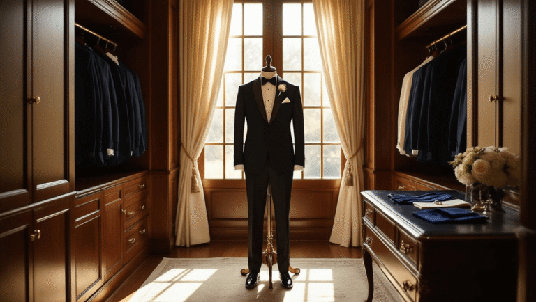 A luxurious dressing room featuring a black tuxedo on a brass valet, warm golden light through sheer curtains, and elegant accessories like cufflinks and ties on a leather dresser, all set against rich mahogany paneling.