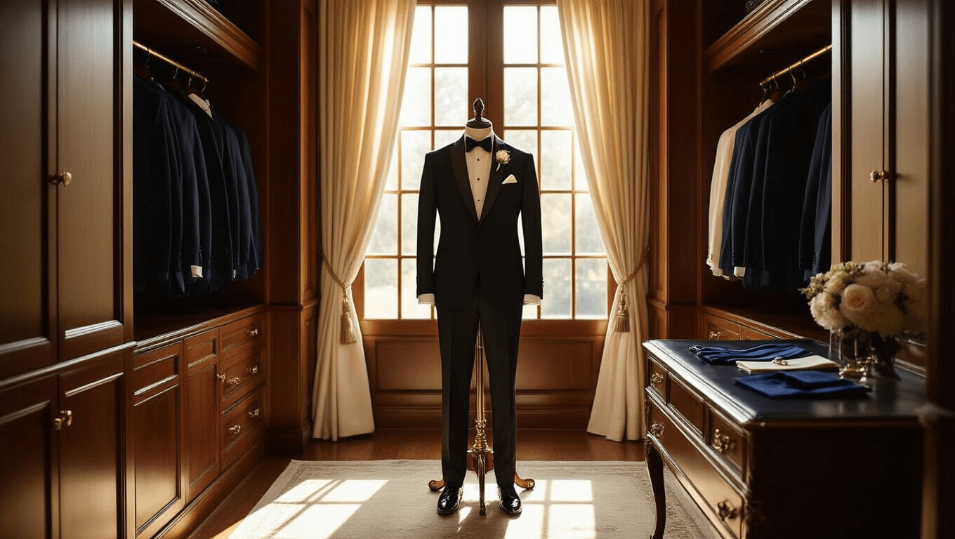 A luxurious dressing room featuring a black tuxedo on a brass valet, warm golden light through sheer curtains, and elegant accessories like cufflinks and ties on a leather dresser, all set against rich mahogany paneling.
