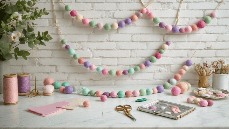 A sunlit crafting studio with a marble workspace adorned with colorful felt balls in pastel shades, showcasing a partially completed felt garland. Vintage scissors, wooden spools, and an antique needle case are present, while completed garlands hang on a brick wall. A potted monstera adds greenery, with morning light casting soft shadows.