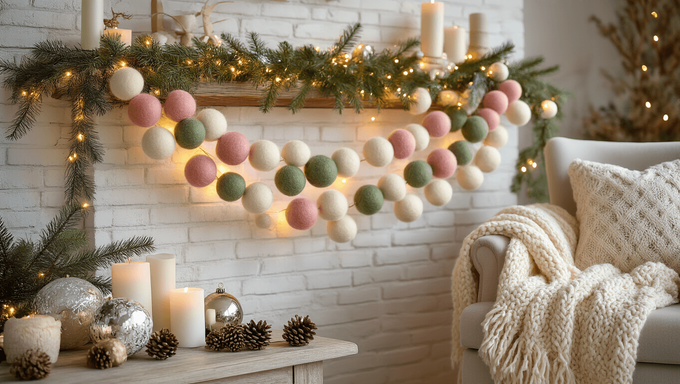 A cozy living room at golden hour, featuring a felt ball garland in cream, blush pink, and sage green draped over a weathered wooden mantle, illuminated by warm fairy lights, with natural elements like pinecones and white candles, a plush armchair nearby, captured in soft natural lighting with shallow depth of field and warm, muted holiday tones.