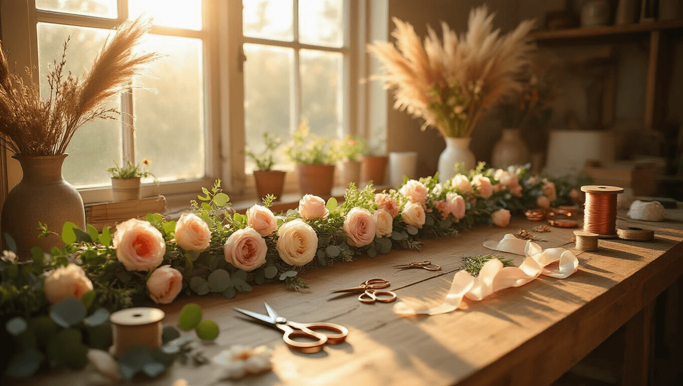 A sunlit crafting workspace during golden hour, featuring a wooden farmhouse table with a partially completed flower garland, fresh blush and cream roses, silvery eucalyptus, dried pampas grass, and floristry tools, all illuminated by warm sunlight.