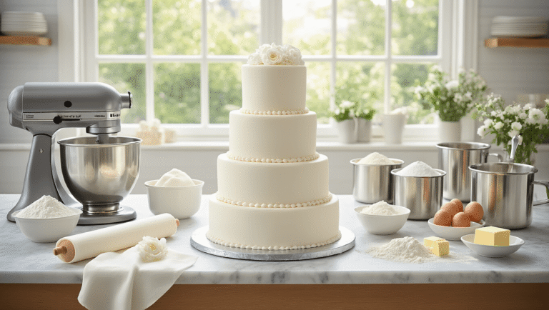 Photorealistic image of a pristine professional kitchen featuring a three-tiered white wedding cake in progress on a silver turntable, with expertly rolled fondant, professional baking equipment, and delicate sugar flowers scattered around, all illuminated by natural light.