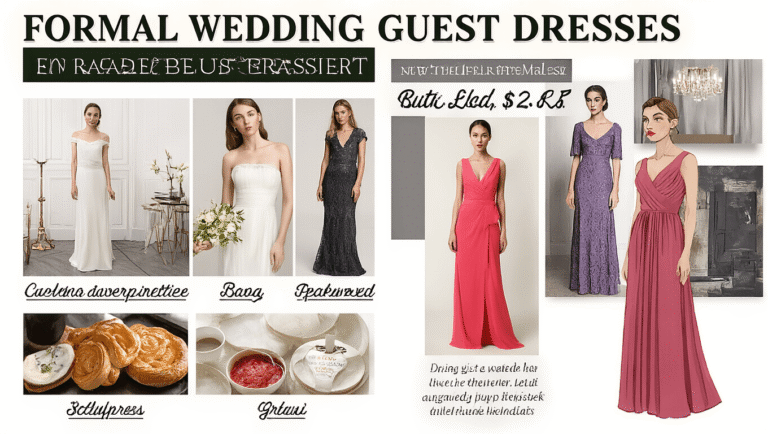 A collection of elegant formal wedding guest dresses in various styles and colors, displayed on a white background.