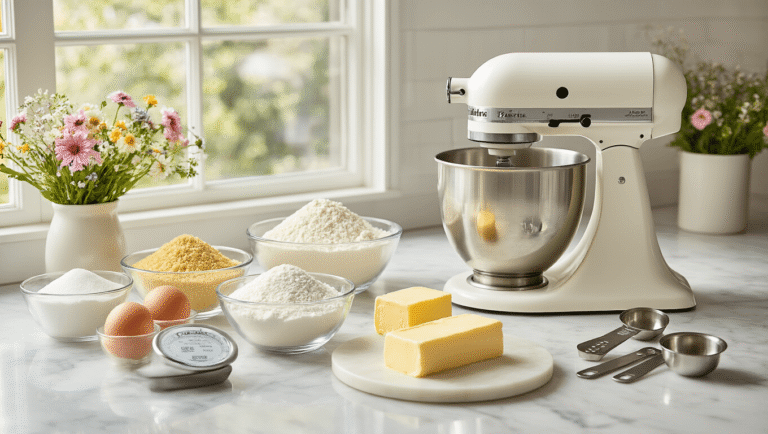 Photorealistic culinary scene of gluten-free wedding cake ingredients on a marble countertop, featuring clear glass bowls with flour, sugar, eggs, butter, and vanilla, along with a white KitchenAid mixer, measuring tools, and pastel edible flowers, illuminated by natural light.