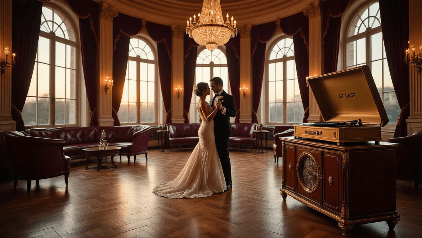 Elegant grand ballroom at golden hour with vintage record player, polished herringbone parquet floors, and rich emerald velvet curtains, creating a timeless romantic atmosphere.