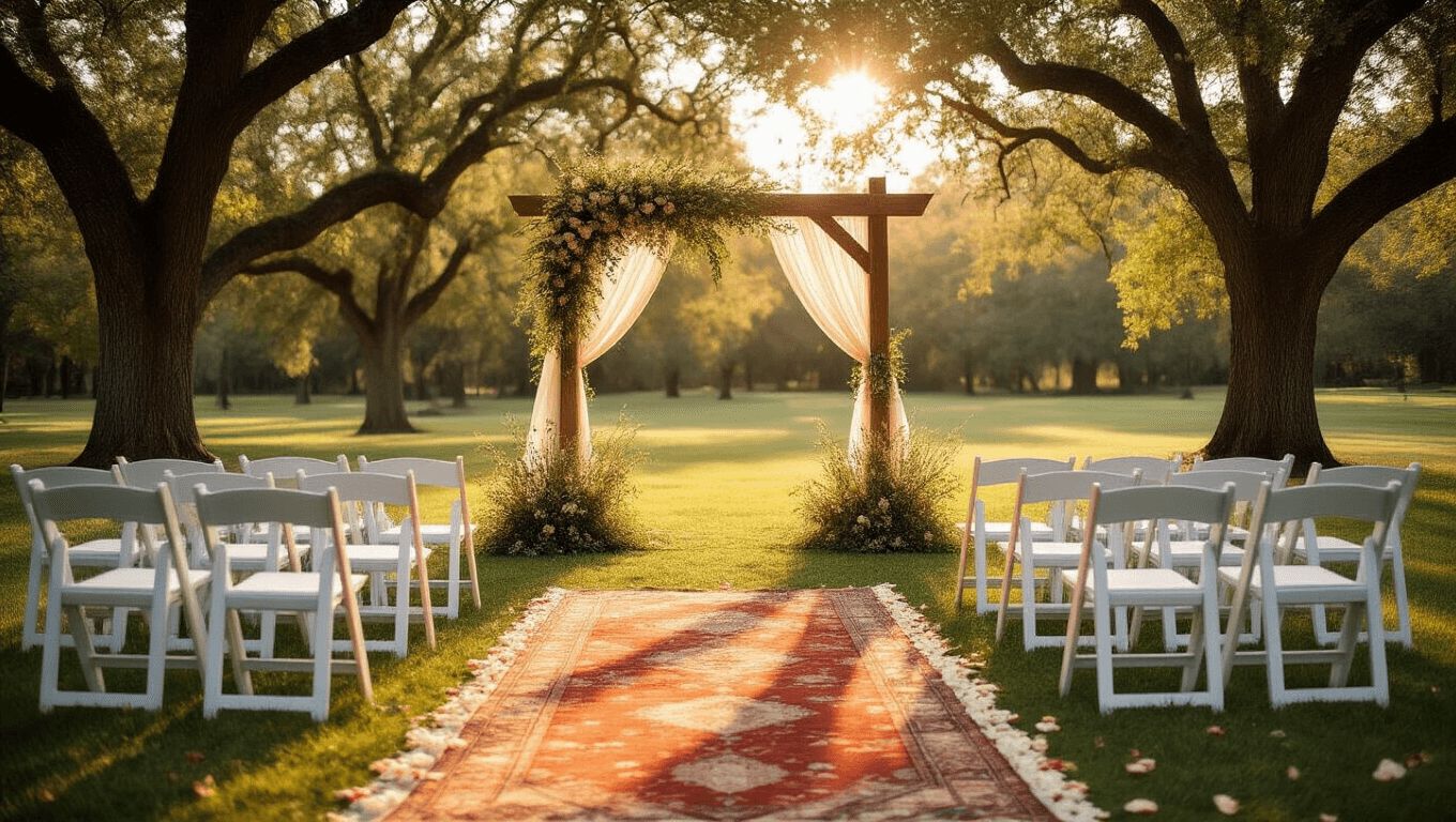 Cinematic wide-angle shot of an enchanting golden hour wedding ceremony in a park, featuring white chairs, a rustic wood arch with wildflowers, and dappled sunlight filtering through oak trees, creating a warm and romantic atmosphere.